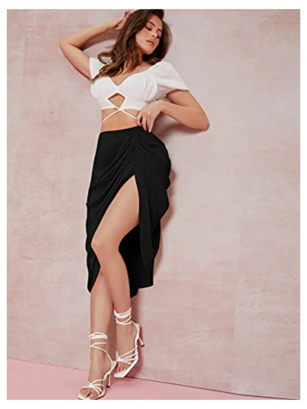 Women's Split Front Satin Midi Skirt High Waist Ruched Wrap Bodycon Zip Back